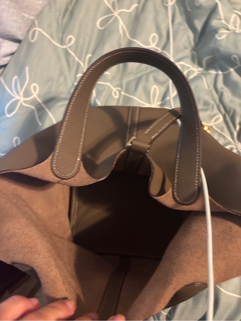 Structured luxury Taupe Pebbled Leather Tote with Gold Accent - Picture 12 of 14